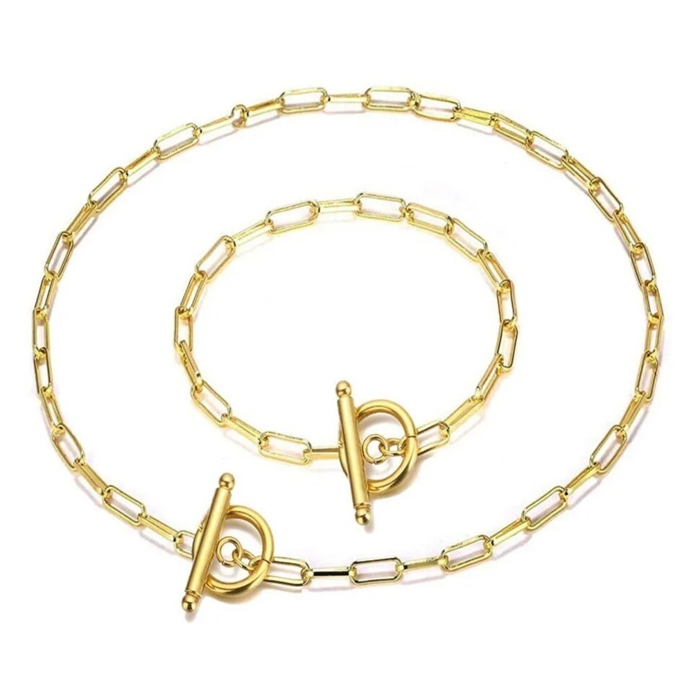NWOT Smooth Stainless Steel 18K Gold Plated Toggle Clasp Necklace, Bracelet set